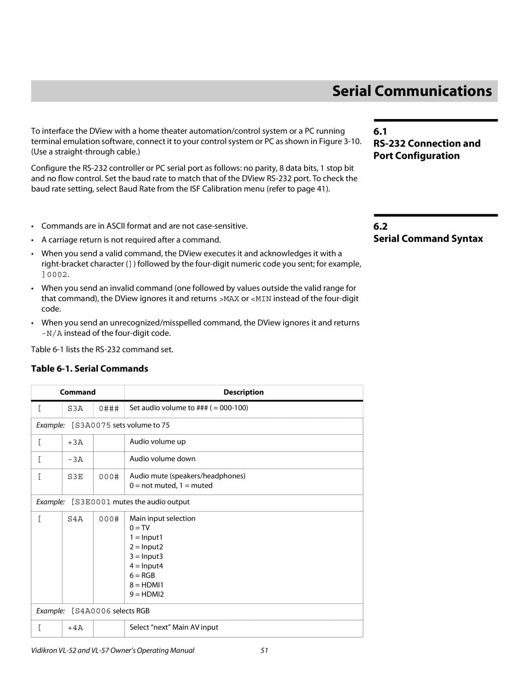 Vidikron VL-57 6Serial Communications, Serial Command Syntax, RS-232 Connection and Port Configuration, Serial Commands 