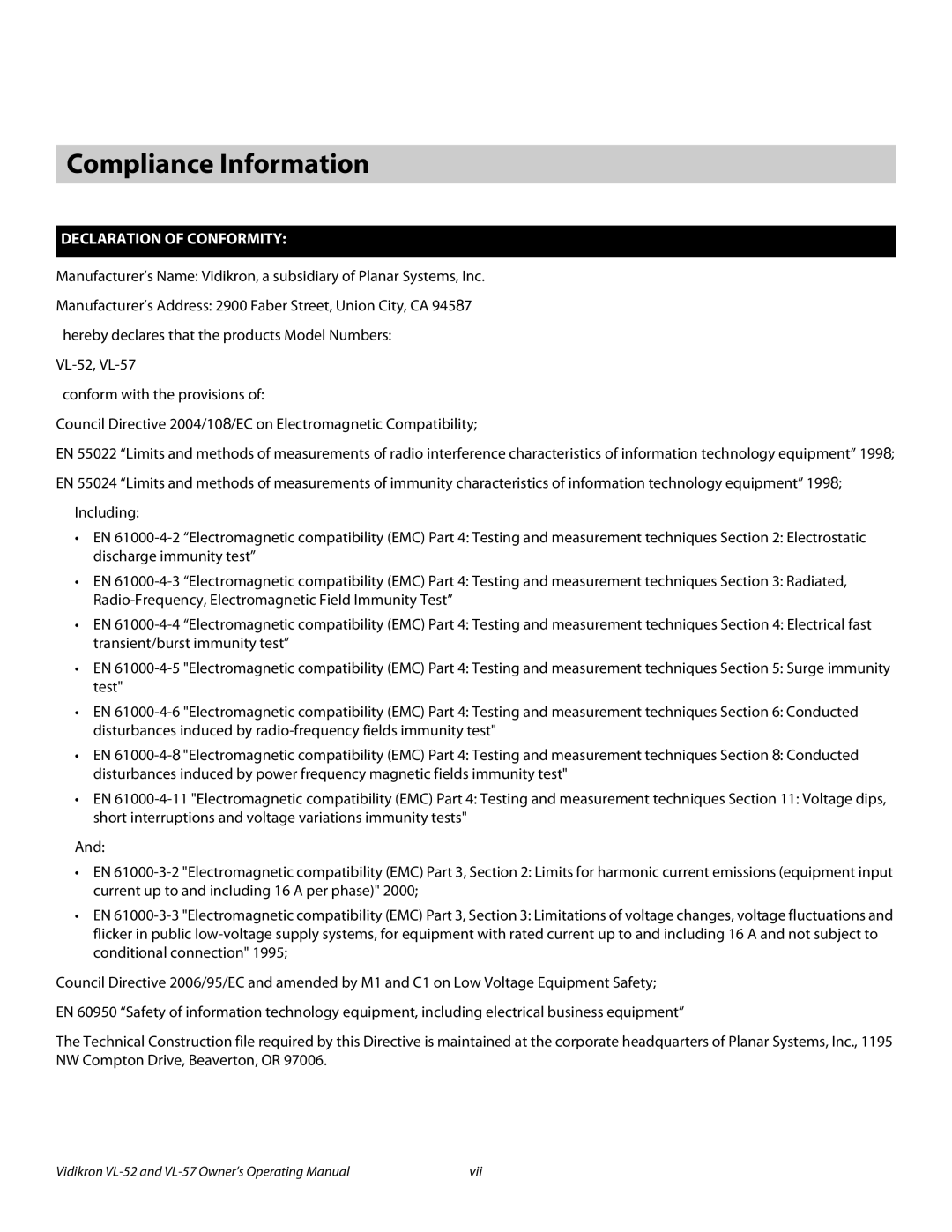 Vidikron VL-57, VL-52 manual Compliance Information, Declaration of Conformity 