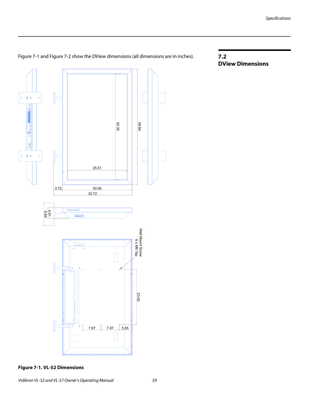 Vidikron VL-57 manual DView Dimensions, VL-52 Dimensions 