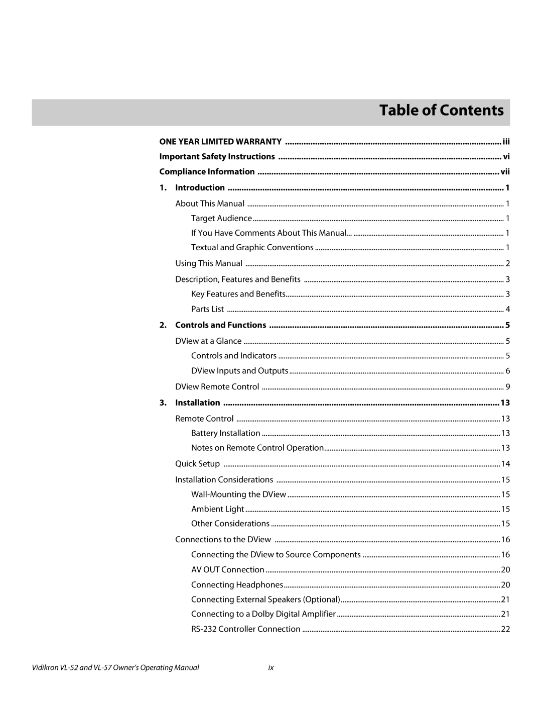 Vidikron VL-57, VL-52 manual 1Table of Contents 