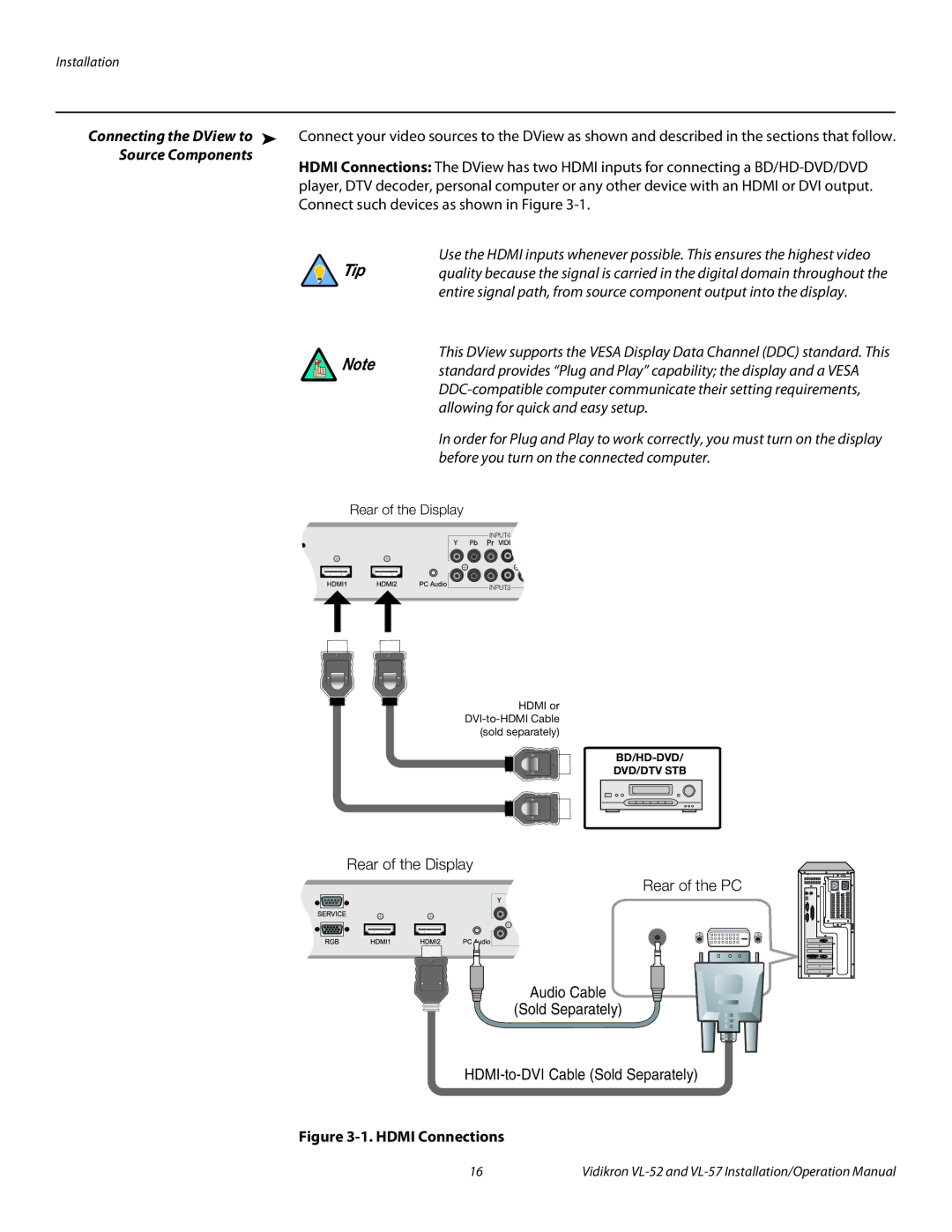 Vidikron VL 52 operation manual Source Components, Hdmi Connections 