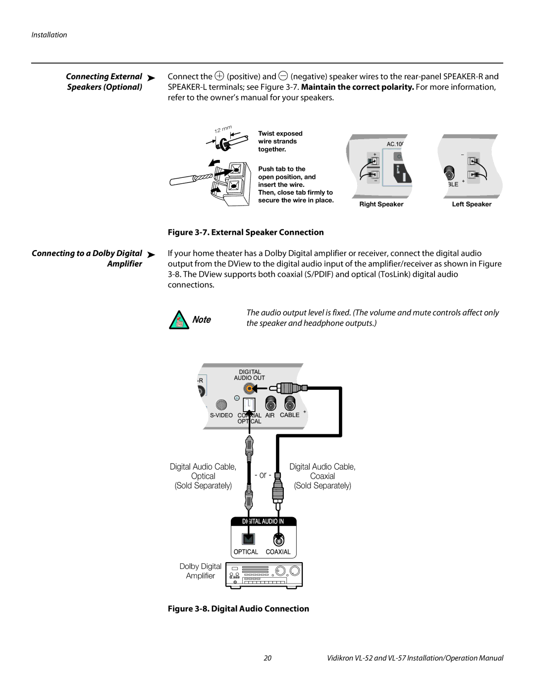 Vidikron VL 52 operation manual Connecting External, Connect Positive, Speakers Optional, Amplifier 