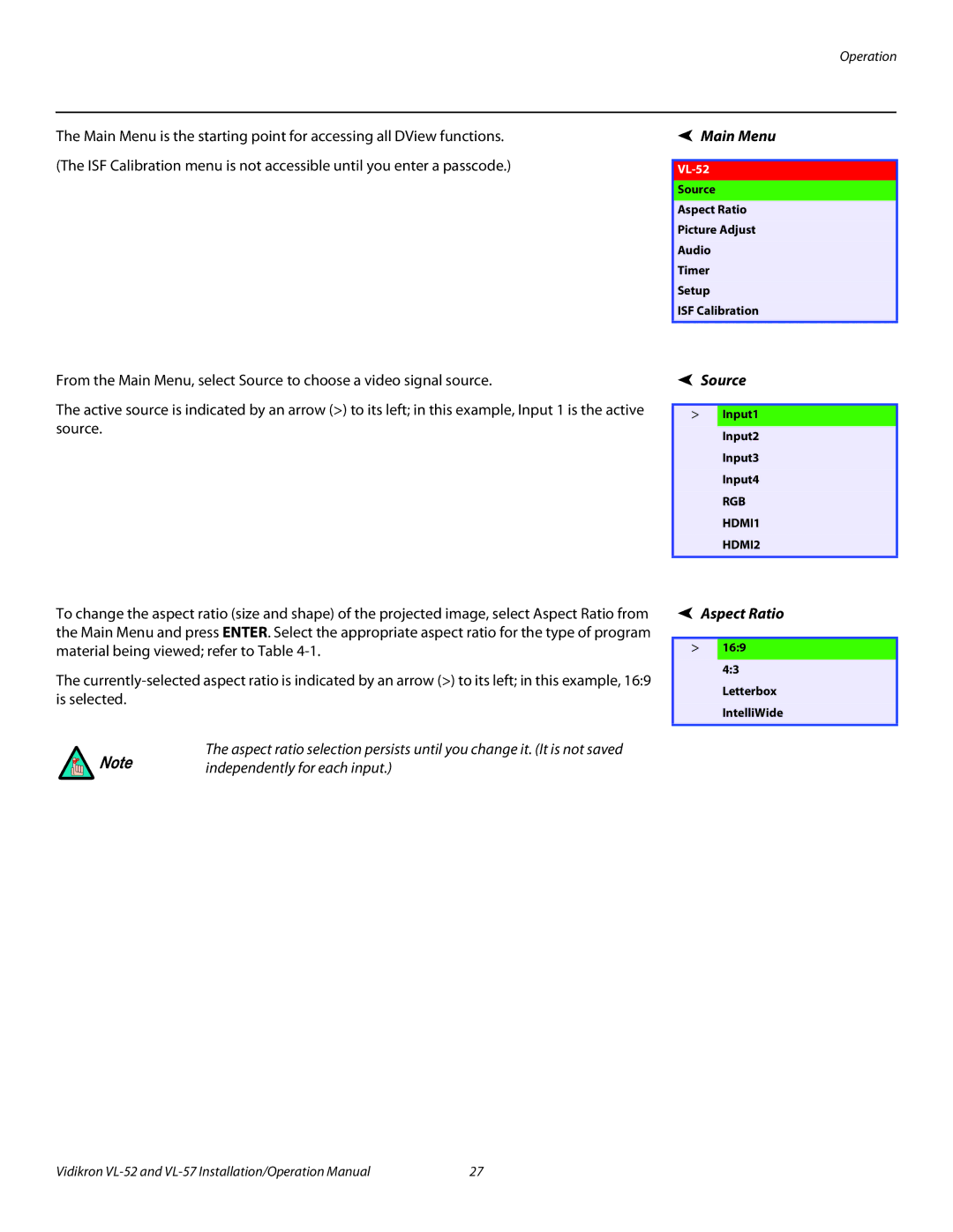 Vidikron VL 52 operation manual Main Menu, Source, Aspect Ratio 