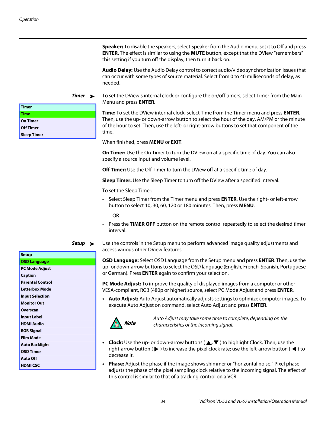 Vidikron VL 52 operation manual Timer, Setup 