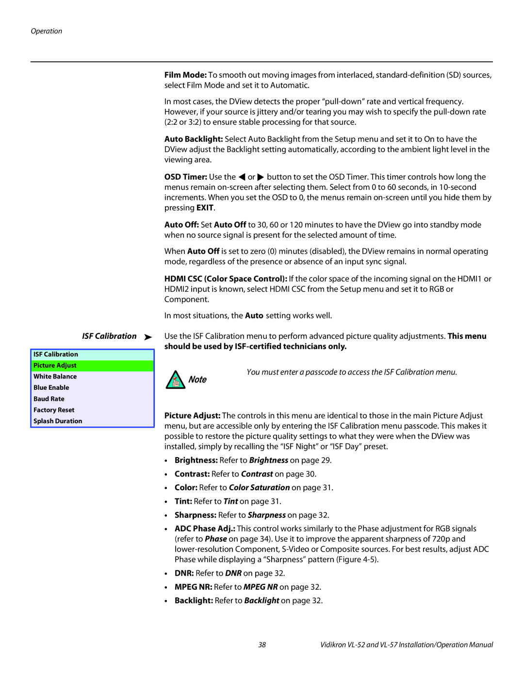 Vidikron VL 52 operation manual ISF Calibration, Should be used by ISF-certified technicians only 