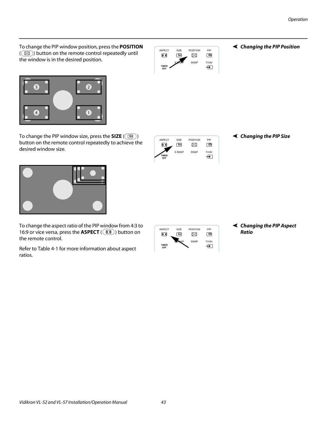 Vidikron VL 52 operation manual Changing the PIP Position, Changing the PIP Size, Changing the PIP Aspect Ratio 