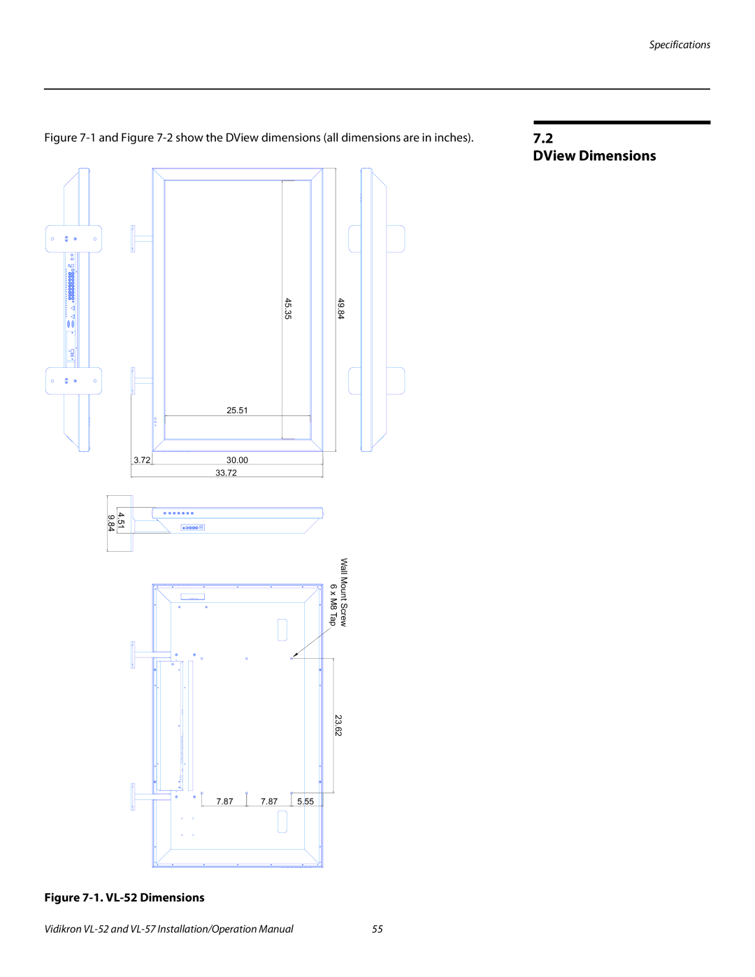 Vidikron VL 52 operation manual DView Dimensions, VL-52 Dimensions 