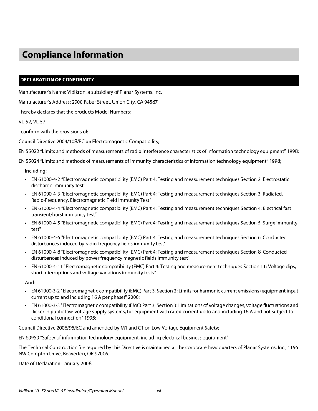 Vidikron VL 52 operation manual Compliance Information, Declaration of Conformity 