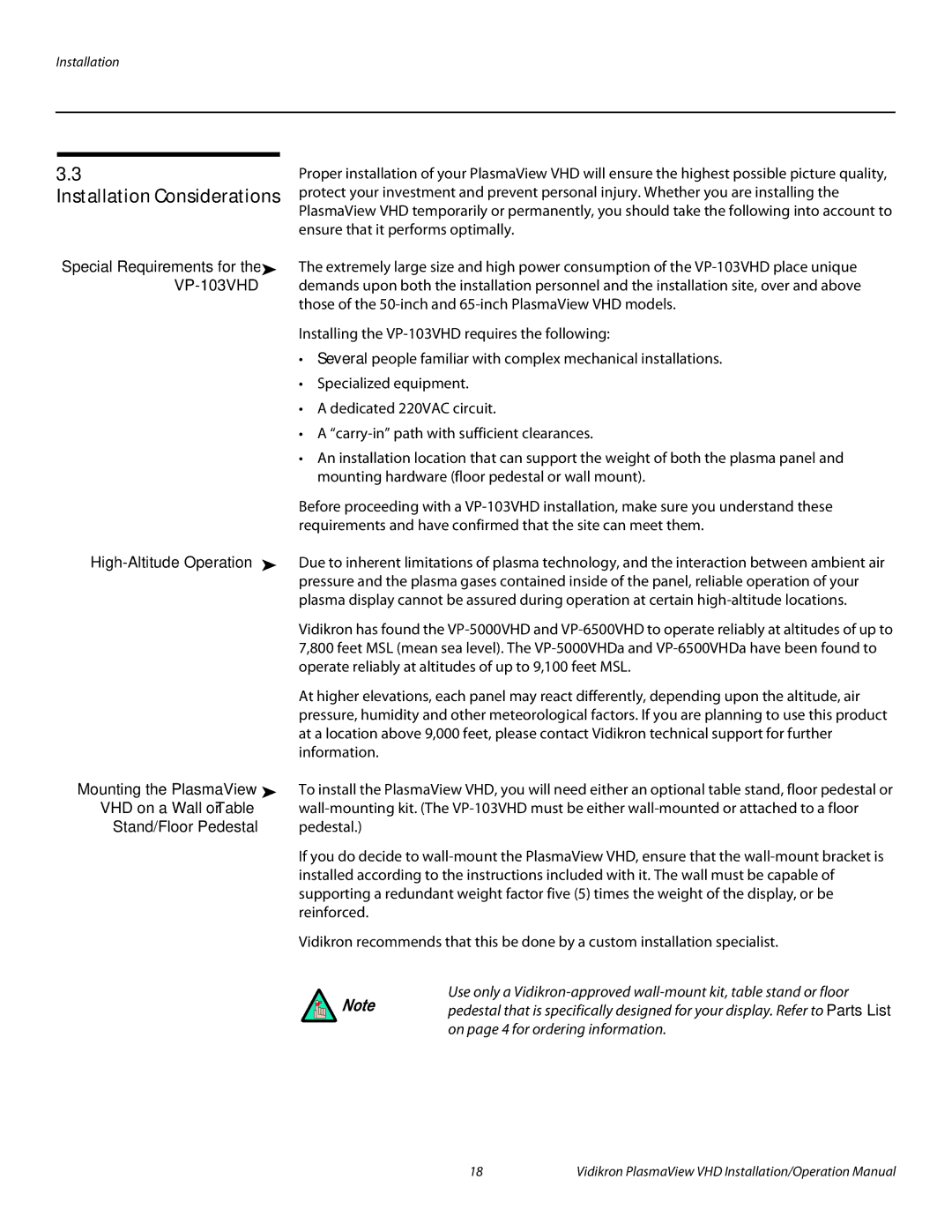 Vidikron VP-5000VHDA Installation Considerations, High-Altitude Operation, Mounting the PlasmaView, VHD on a Wall or Table 