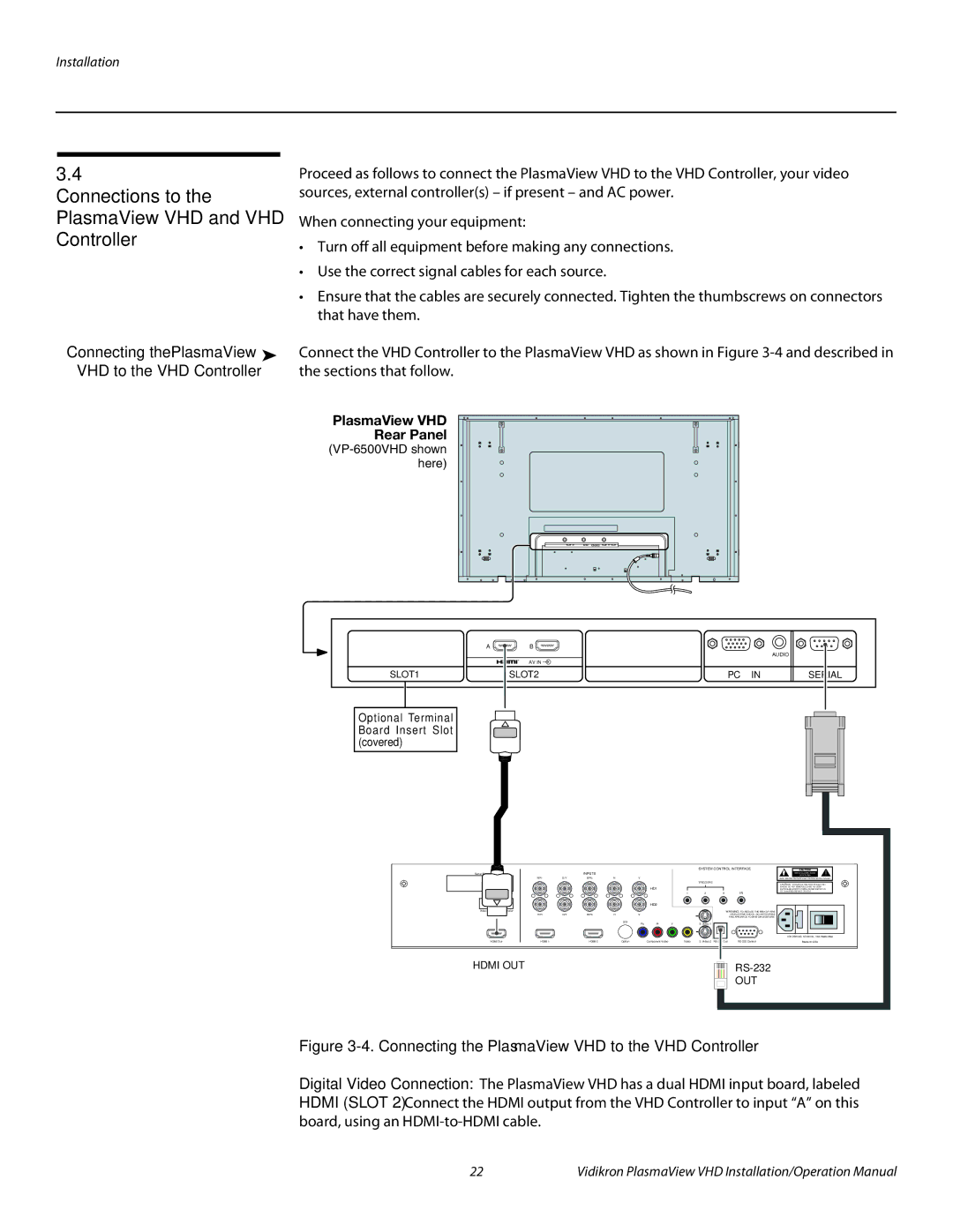 Vidikron VP-6500VHD, VP-5000VHDA, VP-103VHD Connections to the PlasmaView VHD and VHD Controller, PlasmaView VHD Rear Panel 