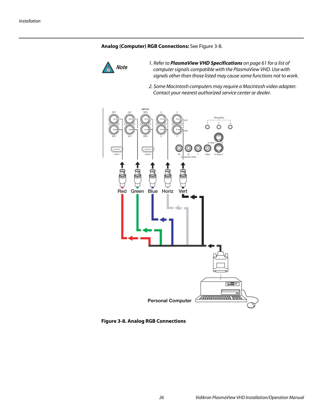 Vidikron VP-5000VHDA, VP-103VHD, VP-6500VHDA Analog Computer RGB Connections See Figure, Personal Computer 