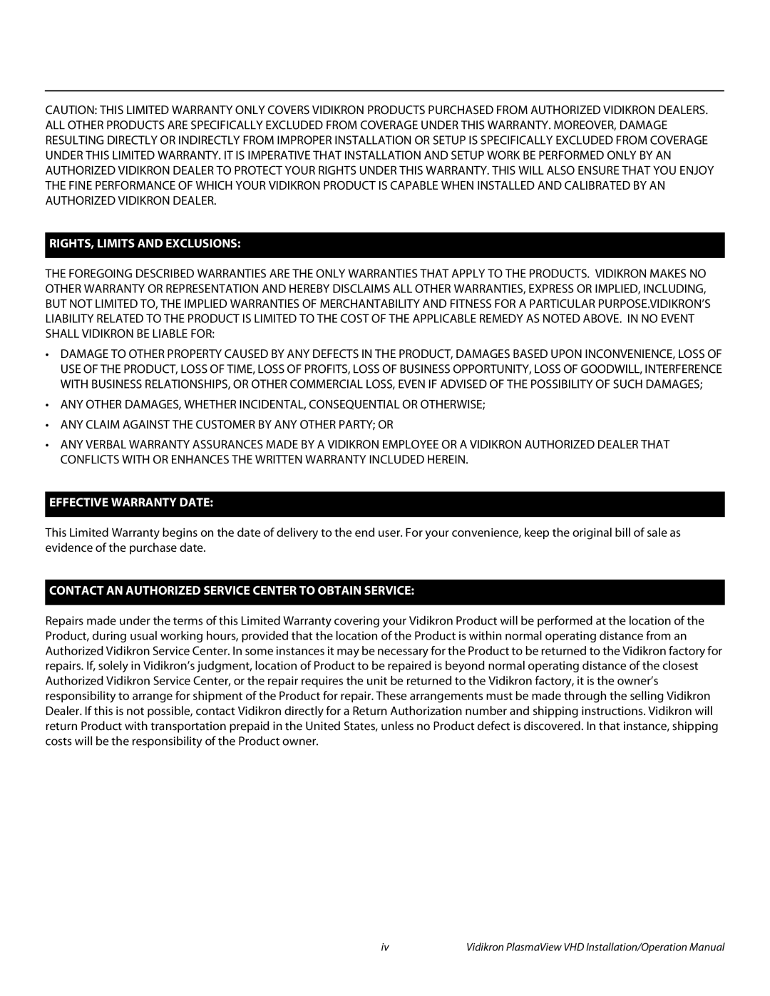 Vidikron VP-5000VHDA, VP-103VHD, VP-6500VHDA operation manual RIGHTS, Limits and Exclusions 