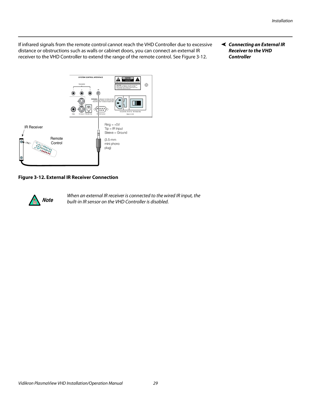 Vidikron VP-103VHD, VP-5000VHDA External IR Receiver Connection, Connecting an External IR Receiver to the VHD Controller 