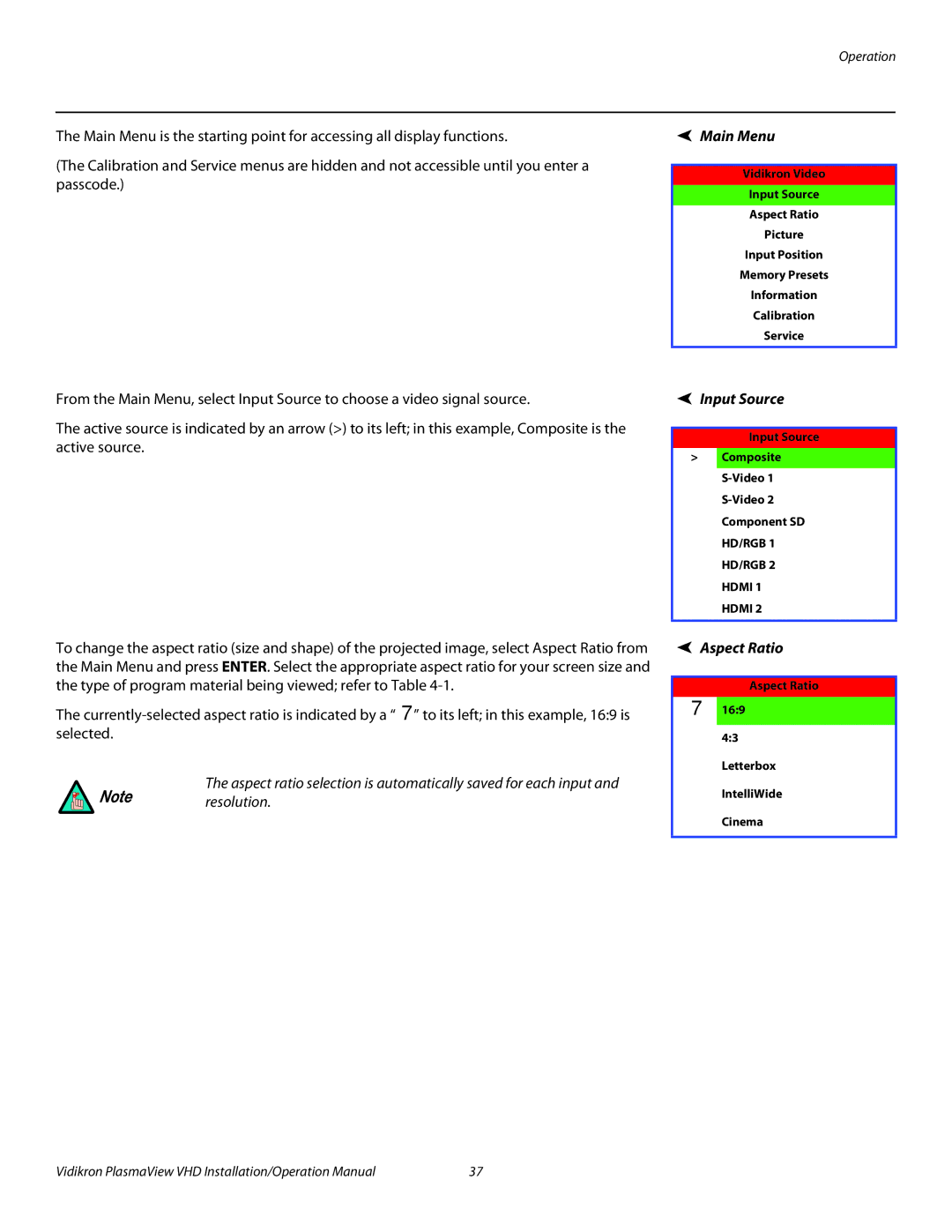 Vidikron VP-5000VHDA, VP-103VHD, VP-6500VHDA operation manual Main Menu, Input Source, Aspect Ratio 