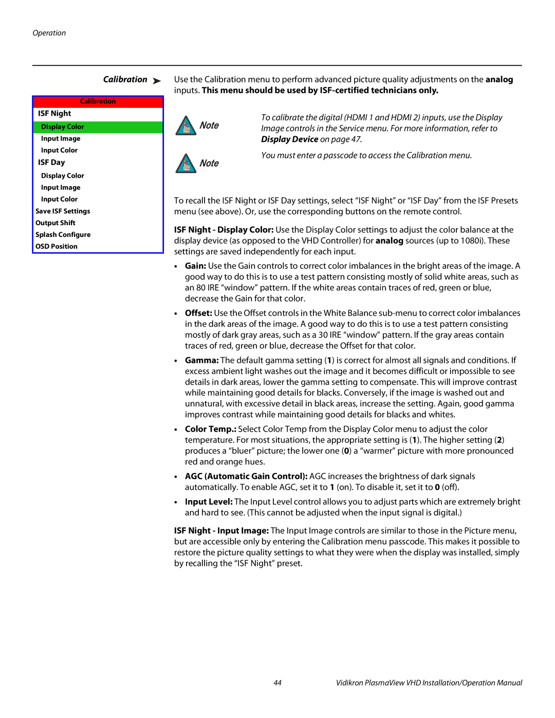 Vidikron VP-103VHD, VP-5000VHDA, VP-6500VHDA operation manual Calibration, ISF Night, ISF Day 