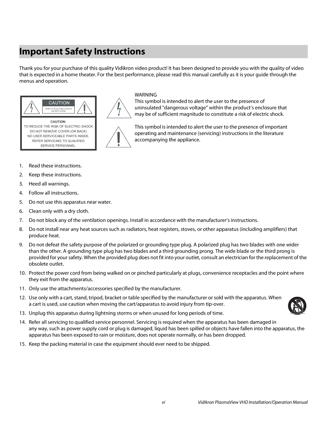 Vidikron VP-103VHD, VP-5000VHDA, VP-6500VHDA operation manual Important Safety Instructions 