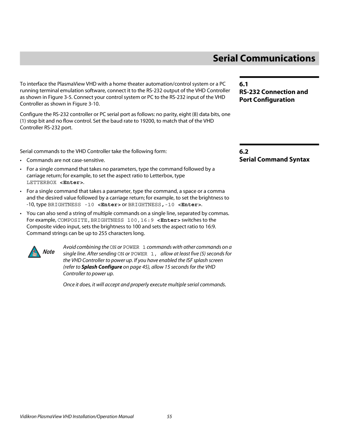 Vidikron VP-6500VHDA, VP-5000VHDA, VP-103VHD operation manual 6Serial Communications, Serial Command Syntax 