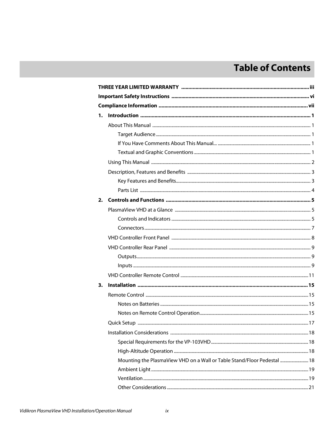 Vidikron VP-5000VHDA, VP-103VHD, VP-6500VHDA operation manual 1Table of Contents 