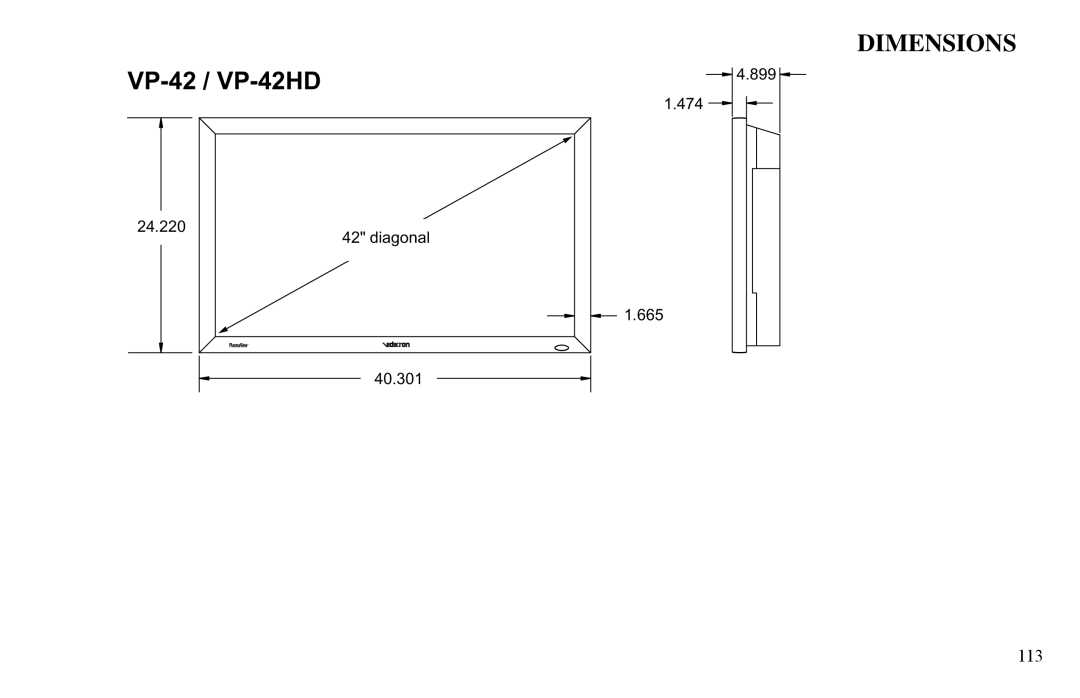 Vidikron VP-50, VP-60, VP-42HD owner manual Dimensions, 113 