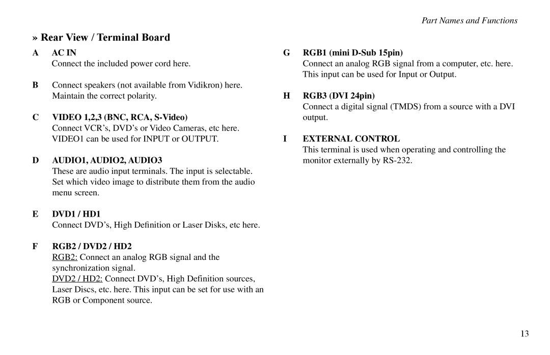 Vidikron VP-50, VP-60, VP-42HD owner manual » Rear View / Terminal Board, AUDIO1, AUDIO2, AUDIO3, External Control 