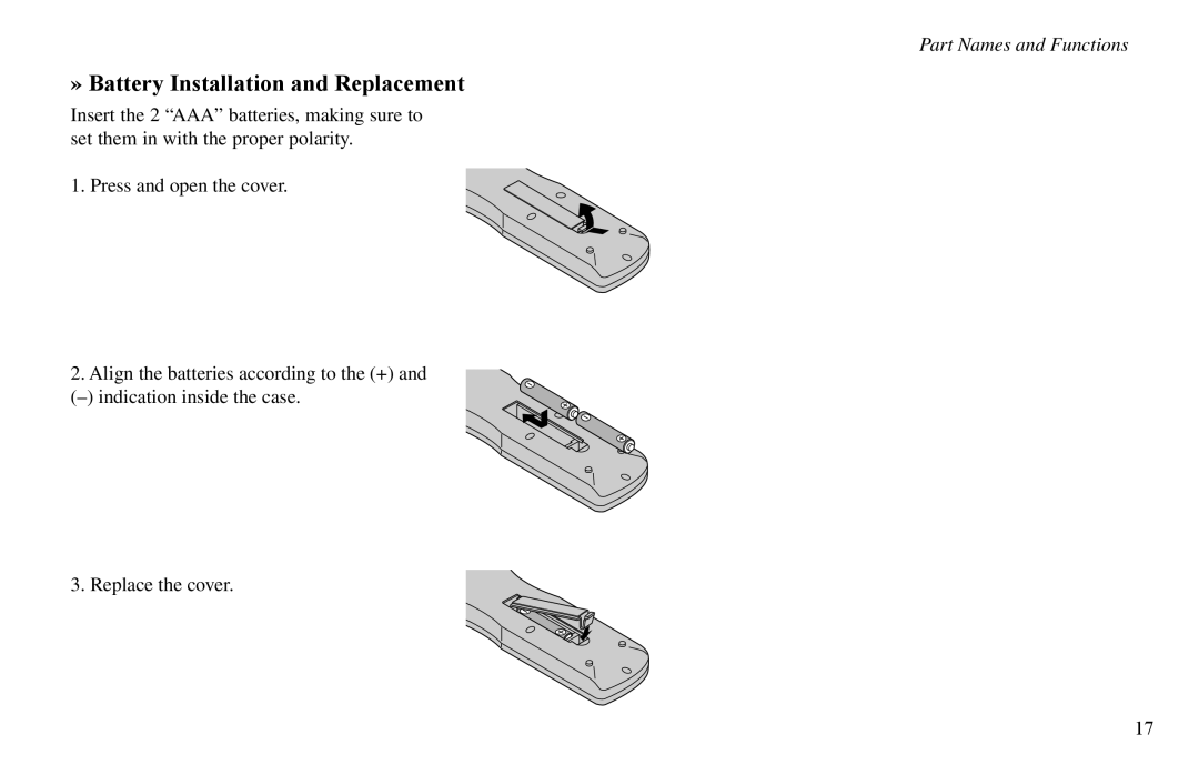 Vidikron VP-50, VP-60, VP-42HD owner manual » Battery Installation and Replacement 