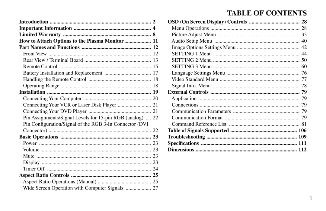 Vidikron VP-50, VP-60, VP-42HD owner manual Table of Contents 