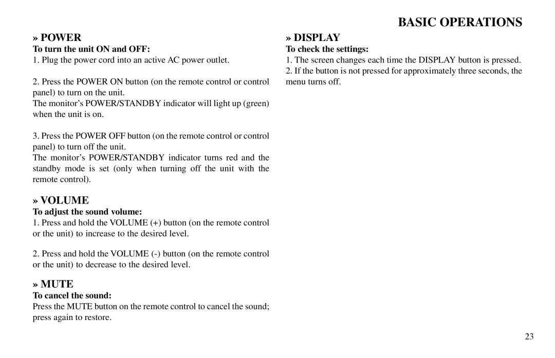 Vidikron VP-60, VP-42HD, VP-50 owner manual Basic Operations, » Power, » Volume, » Mute, » Display 