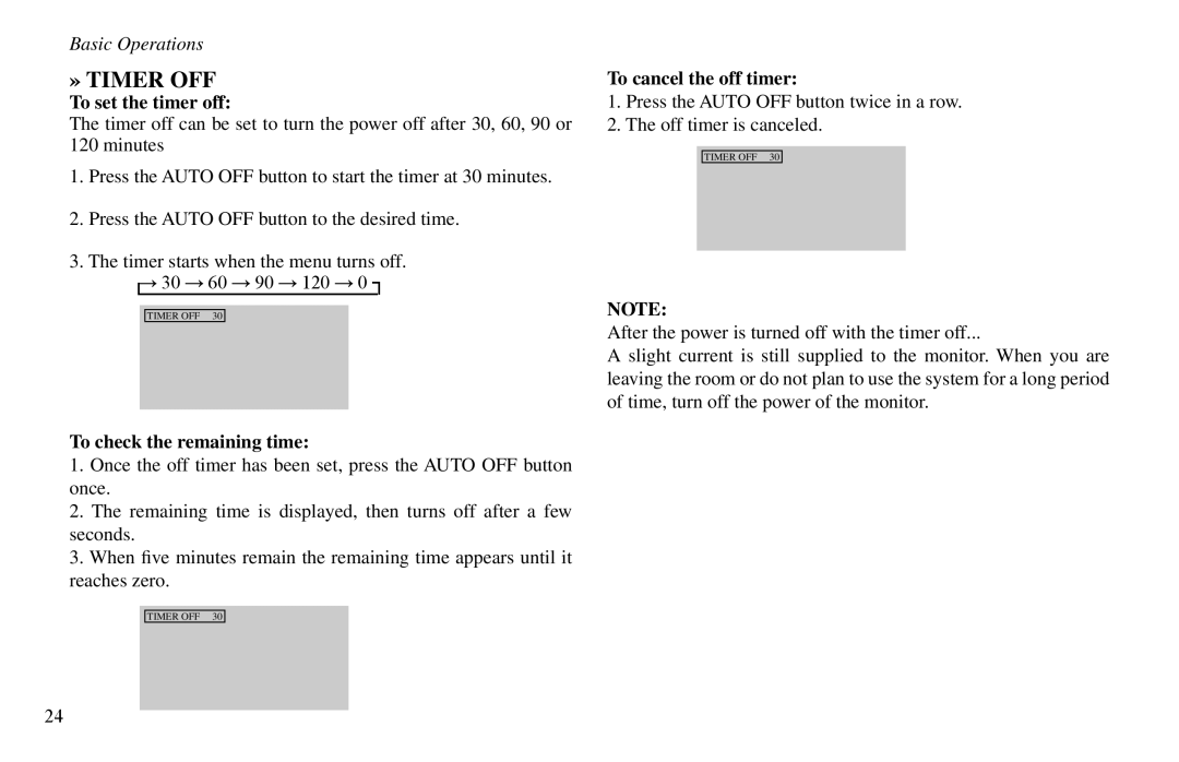 Vidikron VP-42HD » Timer OFF, Basic Operations, To set the timer off, To check the remaining time, To cancel the off timer 
