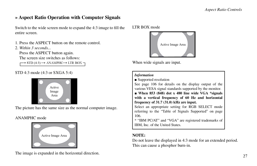 Vidikron VP-60, VP-42HD, VP-50 owner manual » Aspect Ratio Operation with Computer Signals, Within 3 seconds 