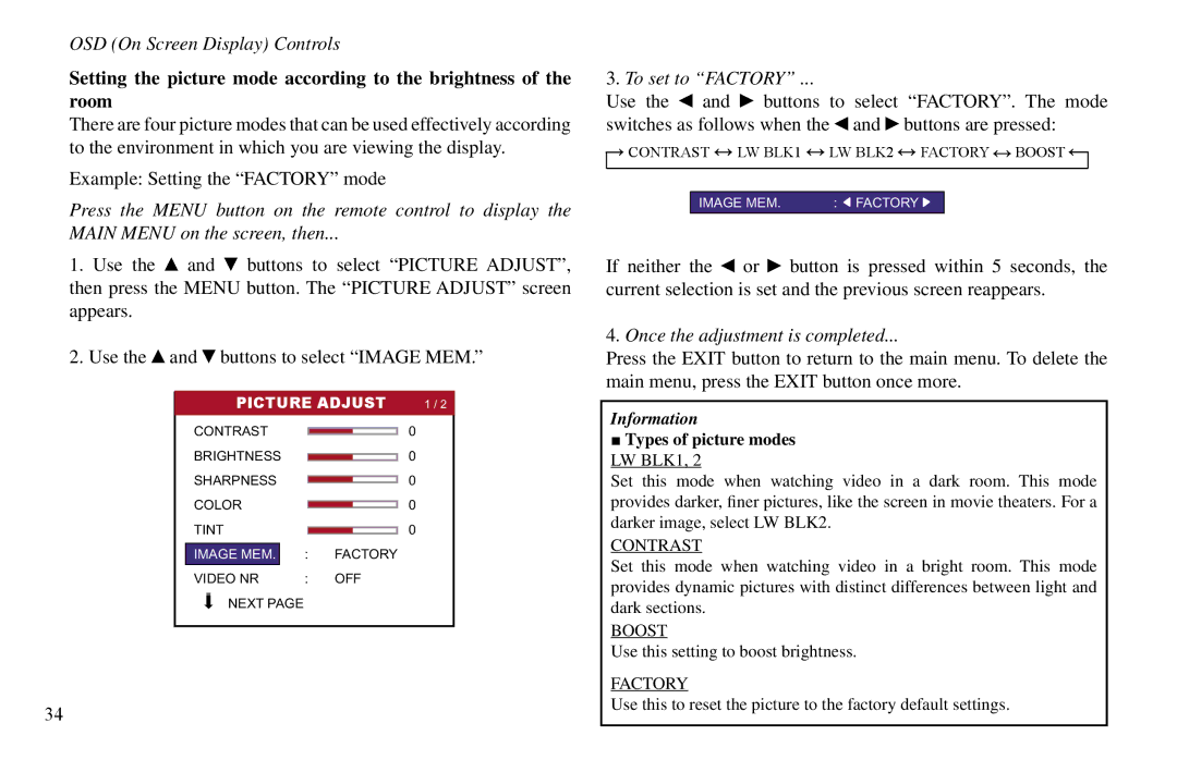 Vidikron VP-60, VP-42HD, VP-50 Example Setting the Factory mode, To set to Factory, Once the adjustment is completed 