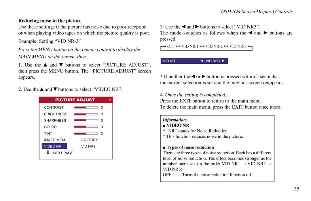 Vidikron VP-60, VP-42HD, VP-50 Reducing noise in the picture, Once the setting is completed, Types of noise reduction 