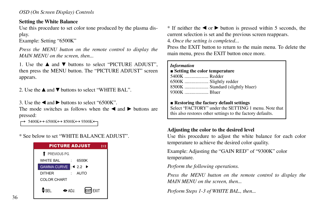 Vidikron VP-42HD, VP-60, VP-50 owner manual Setting the White Balance, See below to set White Balance Adjust 