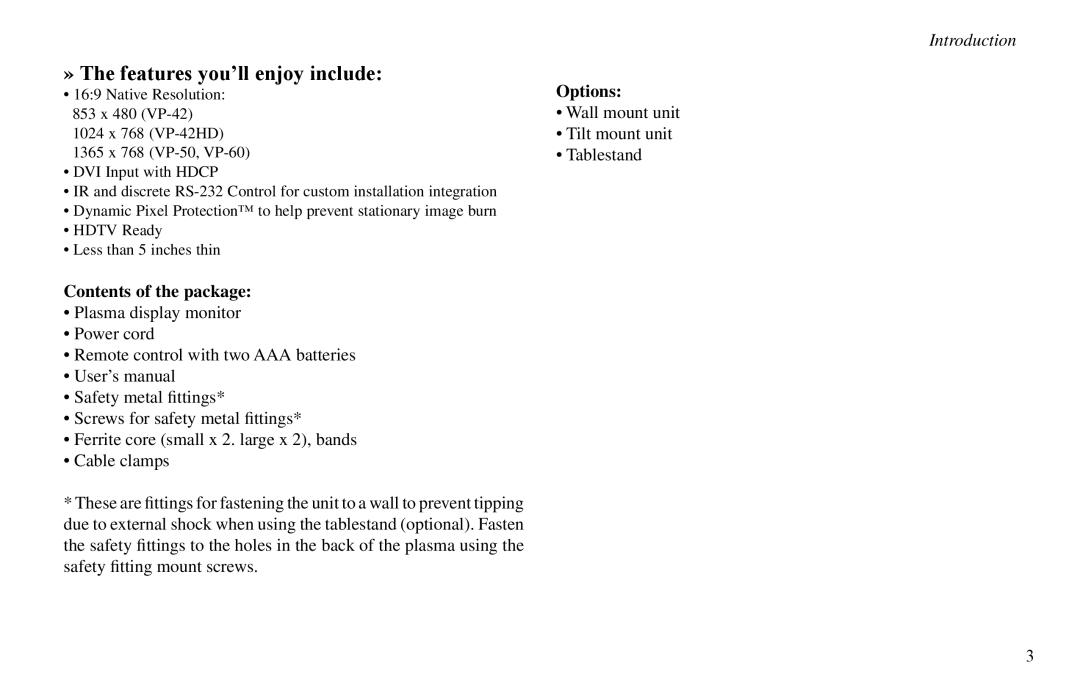 Vidikron VP-60, VP-42HD, VP-50 owner manual » The features you’ll enjoy include, Contents of the package, Options 