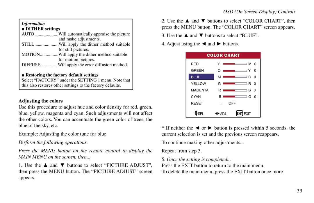 Vidikron VP-60, VP-42HD, VP-50 owner manual Adjusting the colors, Dither settings, Diffuse 