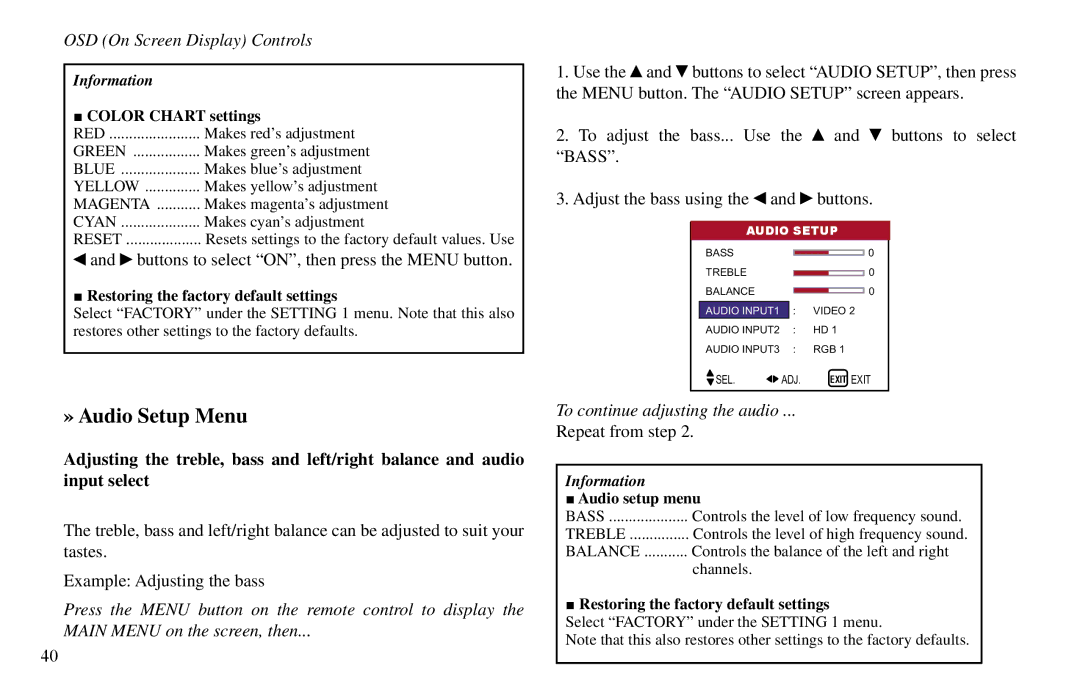 Vidikron VP-42HD » Audio Setup Menu, Buttons to select ON, then press the Menu button, To continue adjusting the audio 