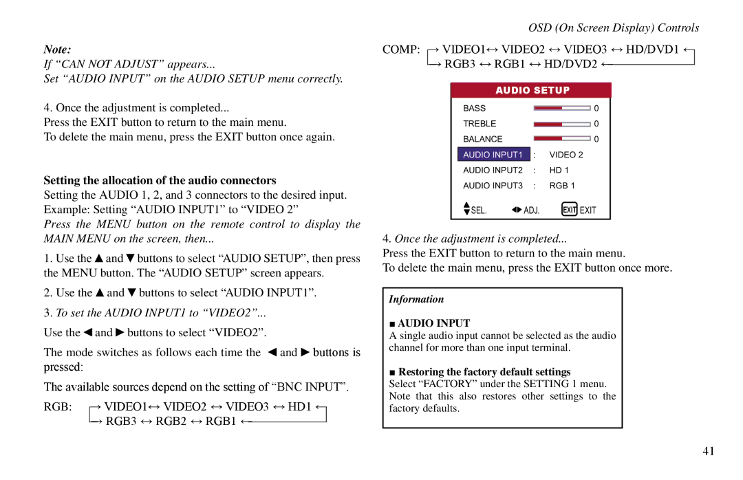 Vidikron VP-50, VP-60, VP-42HD Setting the allocation of the audio connectors, Example Setting Audio INPUT1 to Video 