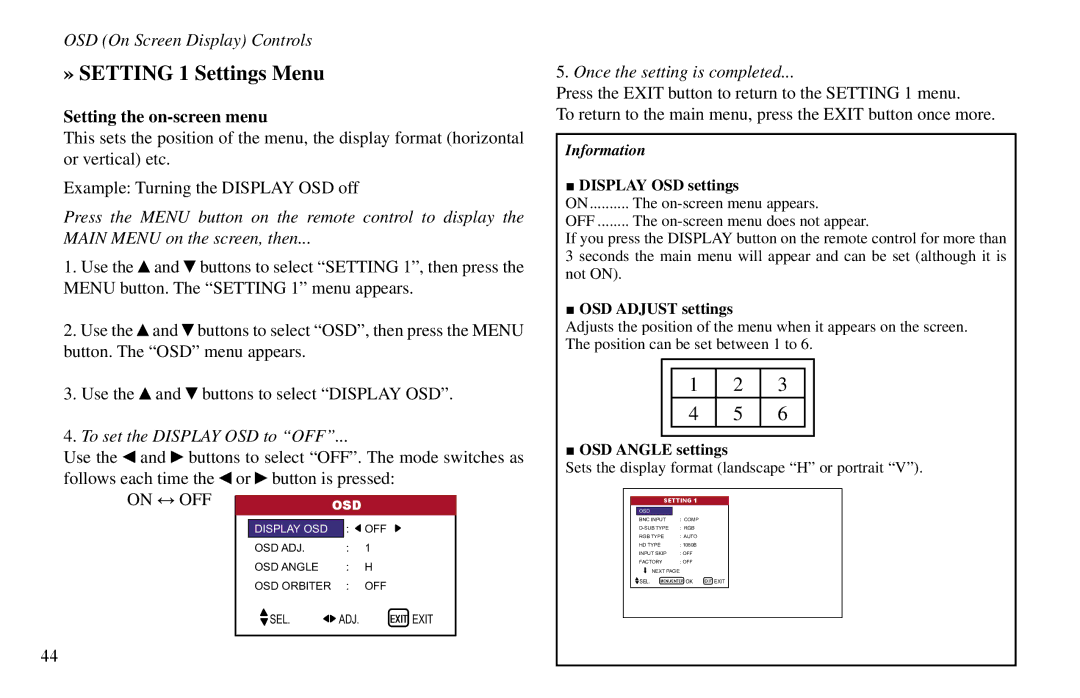 Vidikron VP-42HD, VP-60, VP-50 » Setting 1 Settings Menu, Setting the on-screen menu, To set the Display OSD to OFF 