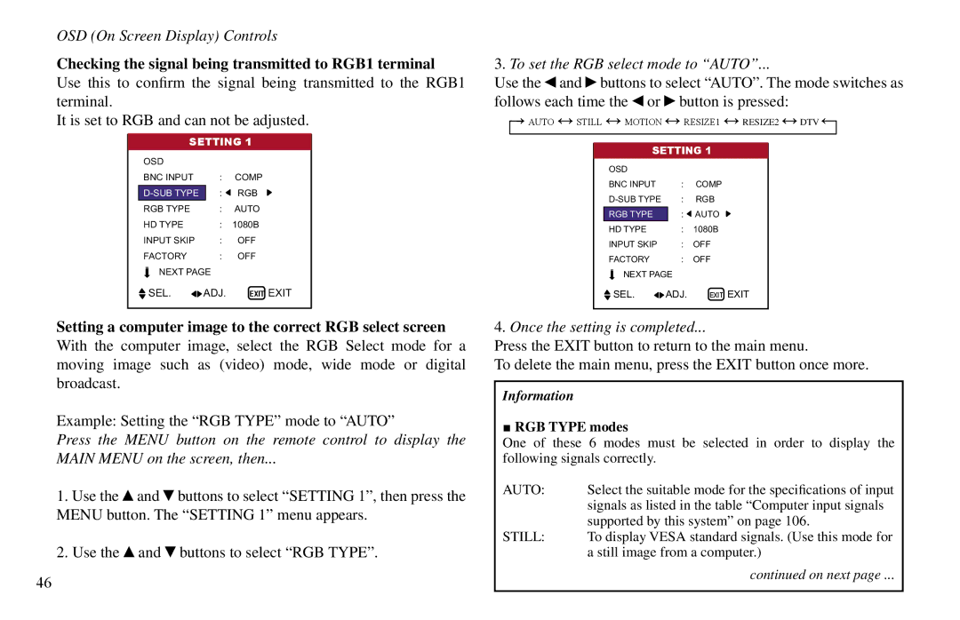 Vidikron VP-42, VP-60 It is set to RGB and can not be adjusted, Example Setting the RGB Type mode to Auto, RGB Type modes 