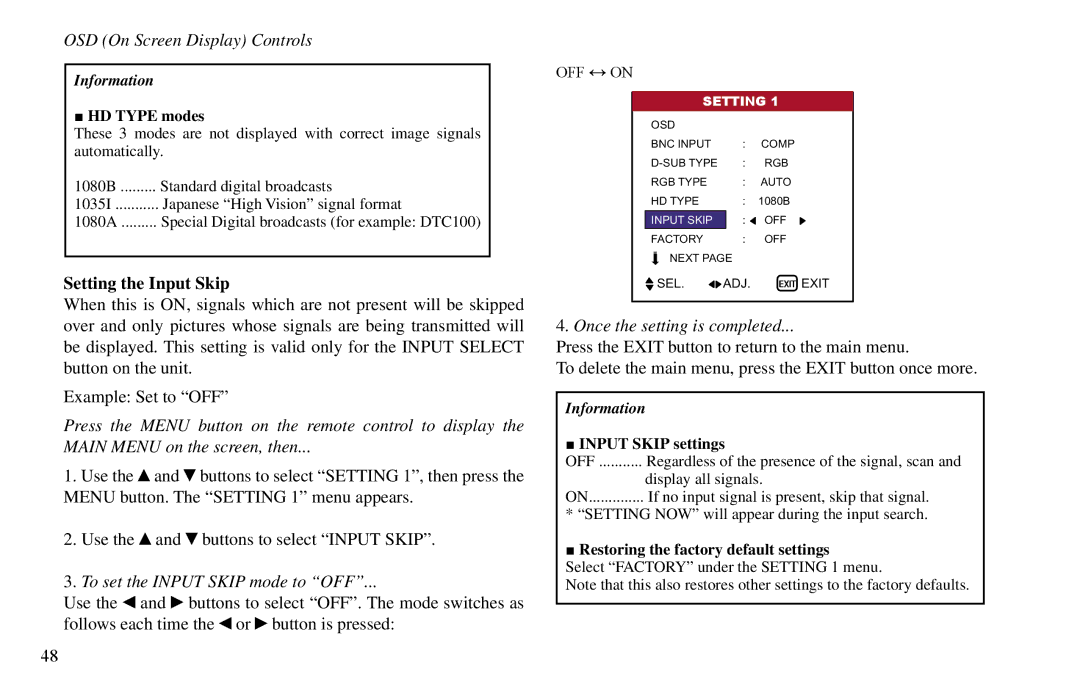 Vidikron VP-42HD Setting the Input Skip, To set the Input Skip mode to OFF, HD Type modes, OFF on, Input Skip settings 