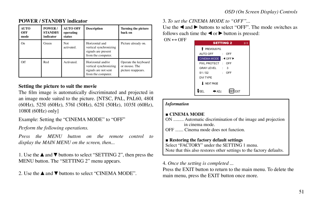 Vidikron VP-60, VP-42HD, VP-50 owner manual Power / Standby indicator, Setting the picture to suit the movie 