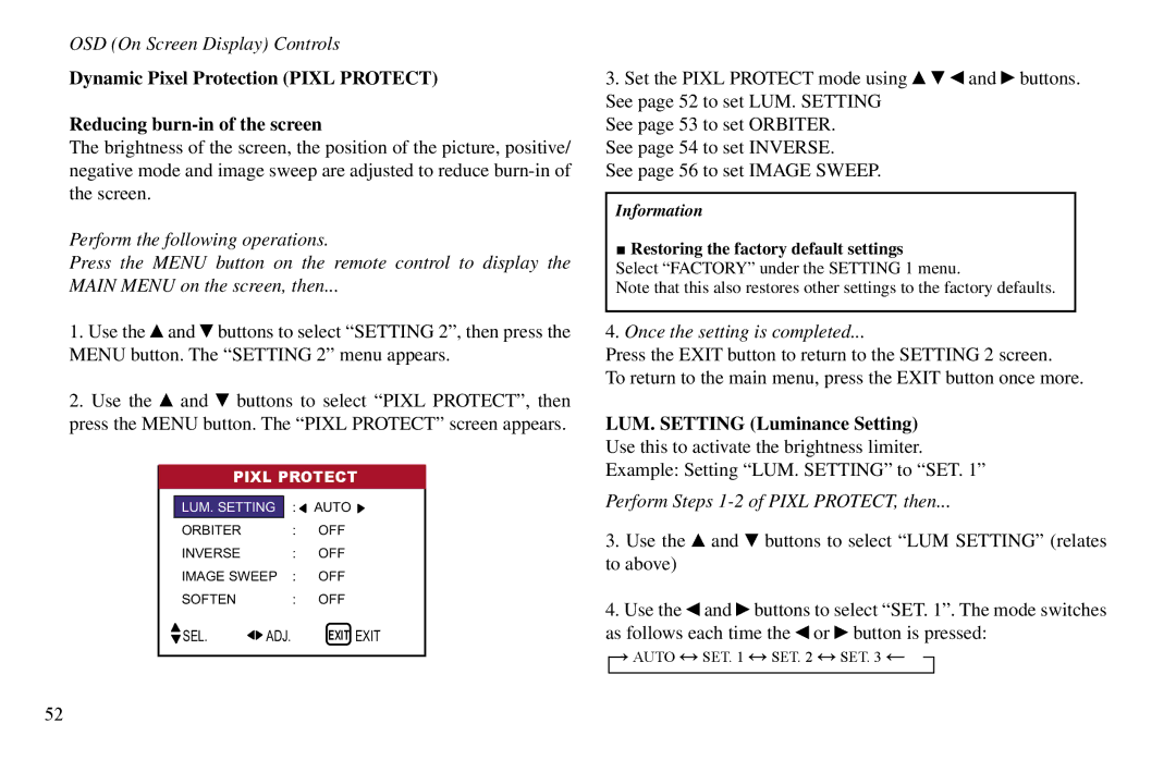 Vidikron VP-42HD, VP-60, VP-50 owner manual Perform Steps 1-2 of Pixl PROTECT, then 