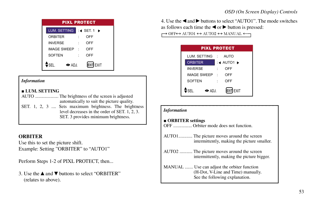 Vidikron VP-50, VP-60, VP-42HD owner manual Orbiter settings 