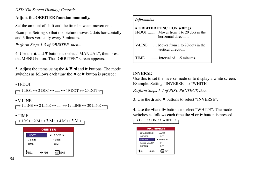 Vidikron VP-60, VP-42HD, VP-50 Adjust the Orbiter function manually, Perform Steps 1-3 of ORBITER, then, Inverse, Line 