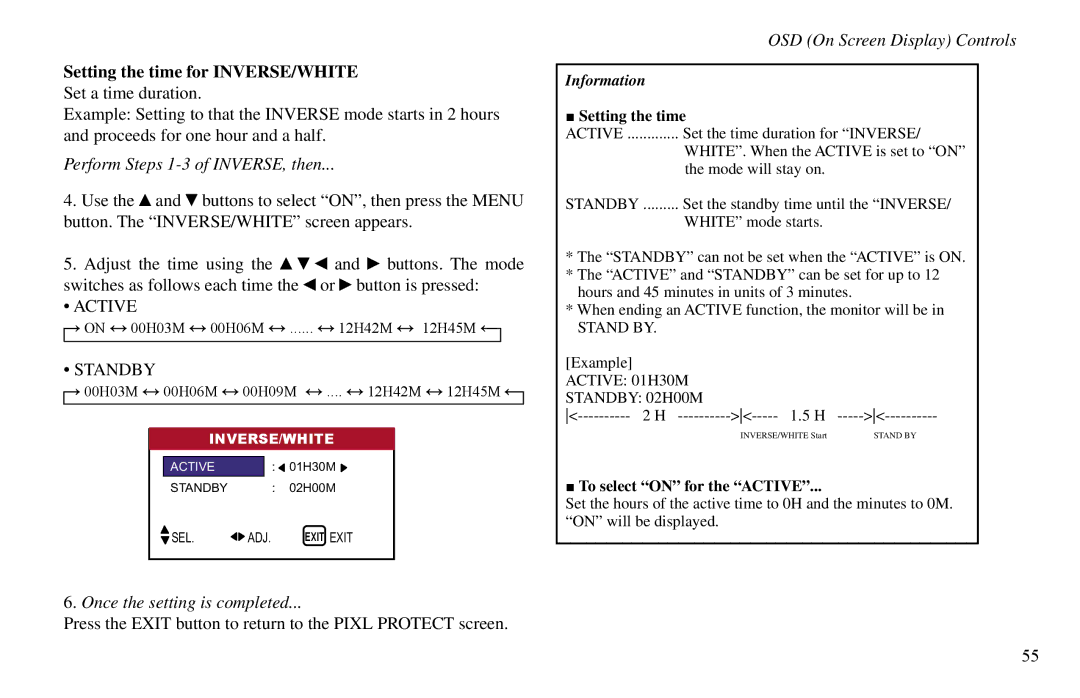 Vidikron VP-60, VP-50 Setting the time for INVERSE/WHITE, Perform Steps 1-3 of INVERSE, then, To select on for the Active 