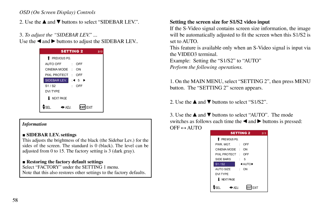 Vidikron VP-60, VP-42HD Use the and buttons to select Sidebar LEV, To adjust the Sidebar LEV, Sidebar LEV. settings 