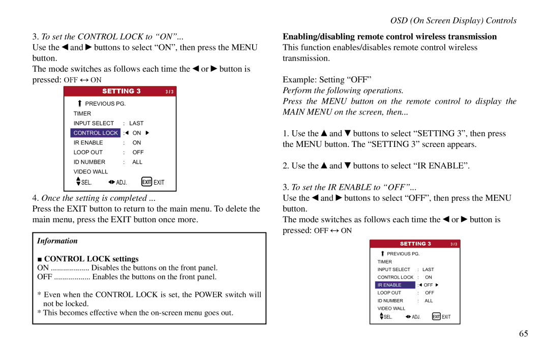 Vidikron VP-50 To set the Control Lock to on, Example Setting OFF Perform the following operations, Control Lock settings 