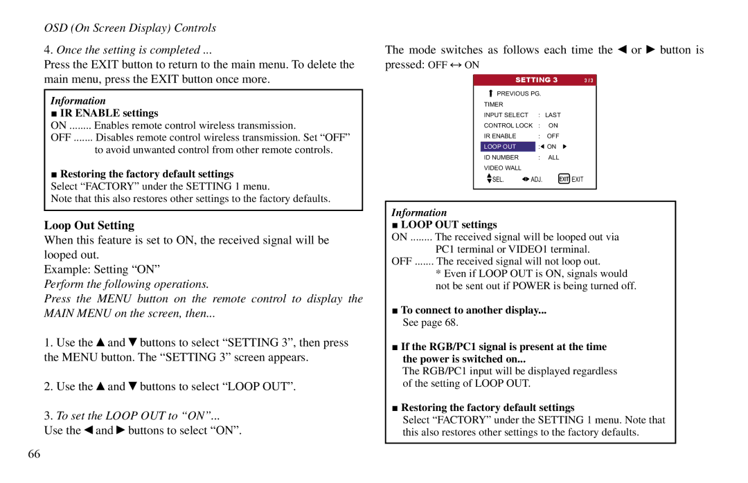 Vidikron VP-60, VP-42HD, VP-50 Loop Out Setting, To set the Loop OUT to on, IR Enable settings, Loop OUT settings 