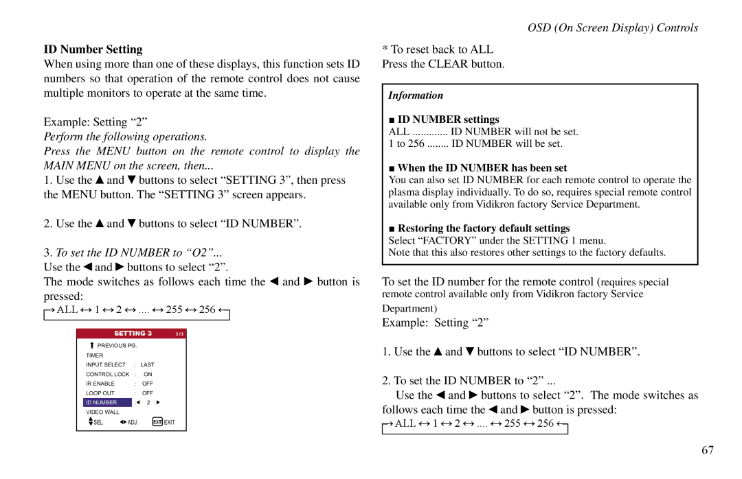 Vidikron VP-60, VP-42HD, VP-50 ID Number Setting, To set the ID Number to O2, To reset back to ALL Press the Clear button 