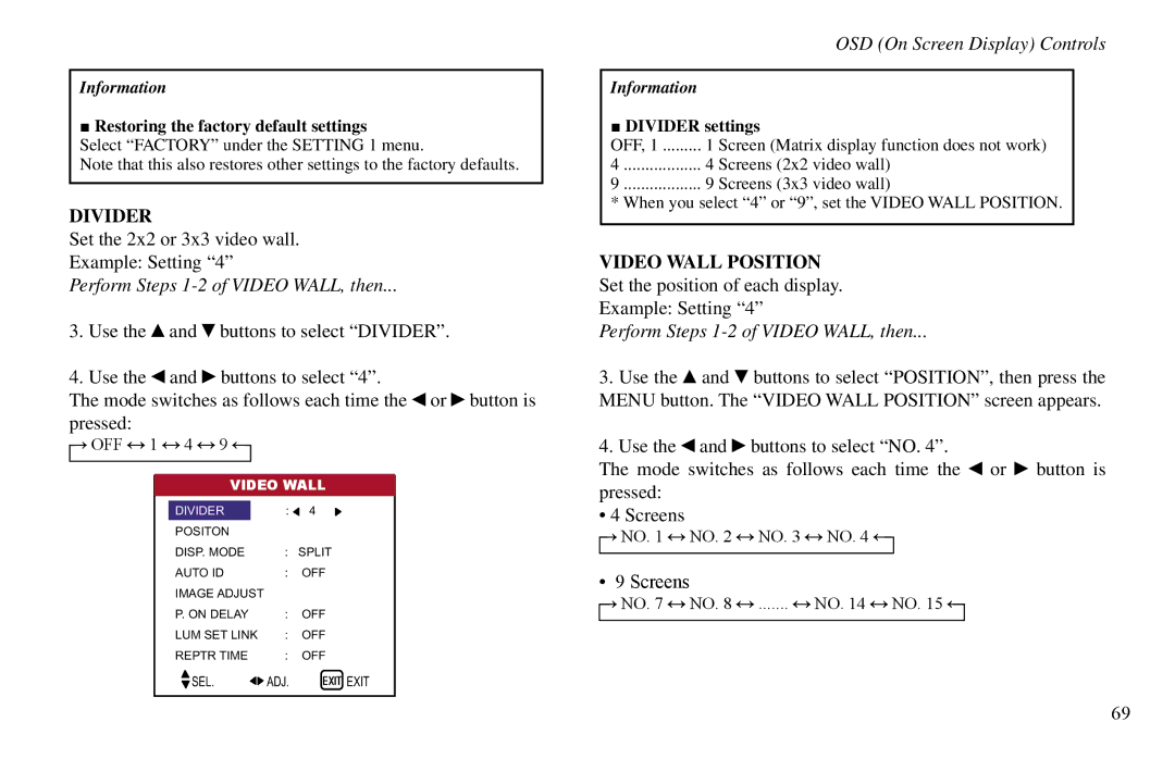 Vidikron VP-50, VP-60, VP-42 Divider, Set the 2x2 or 3x3 video wall Example Setting, Perform Steps 1-2 of Video WALL, then 