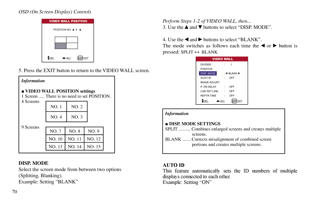 Vidikron VP-42 Press the Exit button to return to the Video Wall screen, DISP. Mode, Auto ID, Video Wall Position settings 